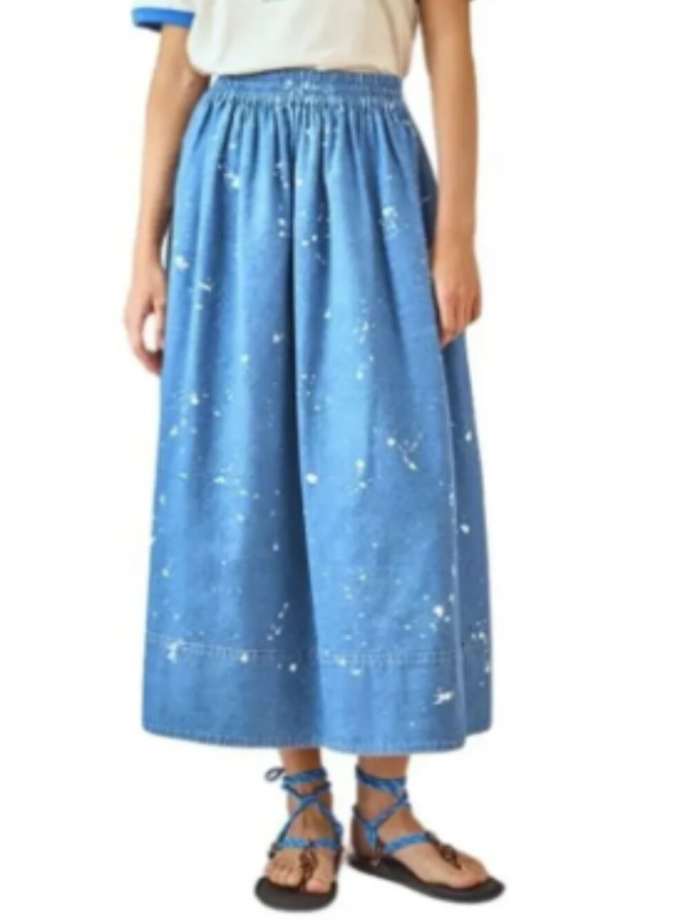 Hunter Bell Tatum Island Mist Bleach Splatter Denim Midi Skirt XS